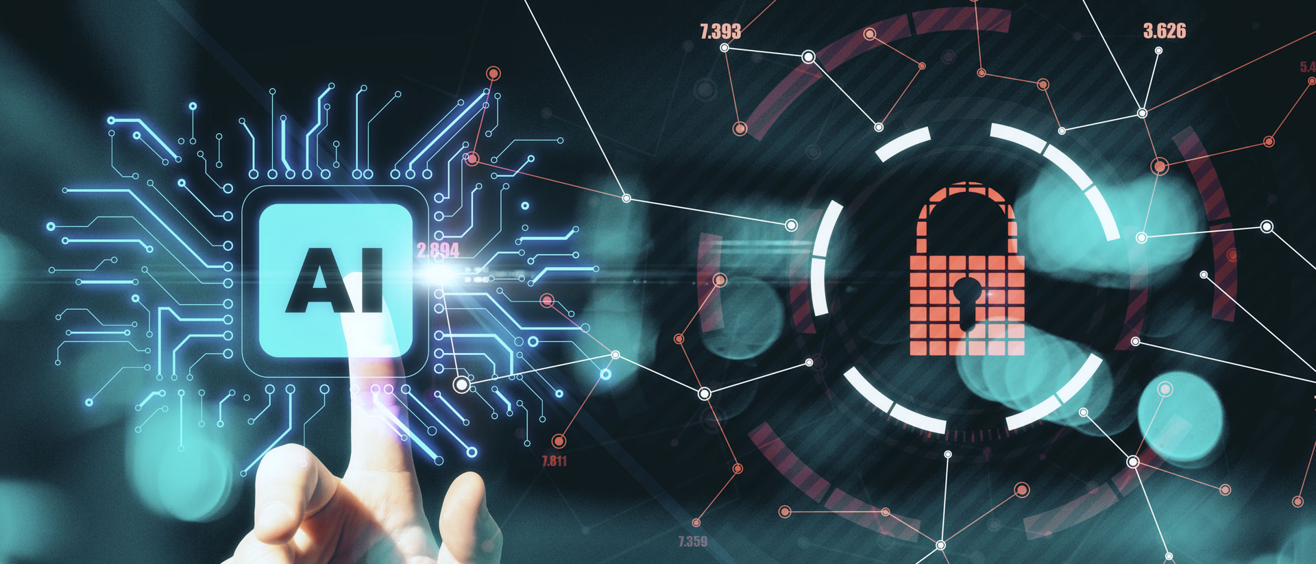 Hand zeigt auf KI-Chip – Symbol für datenschutzkonforme KI